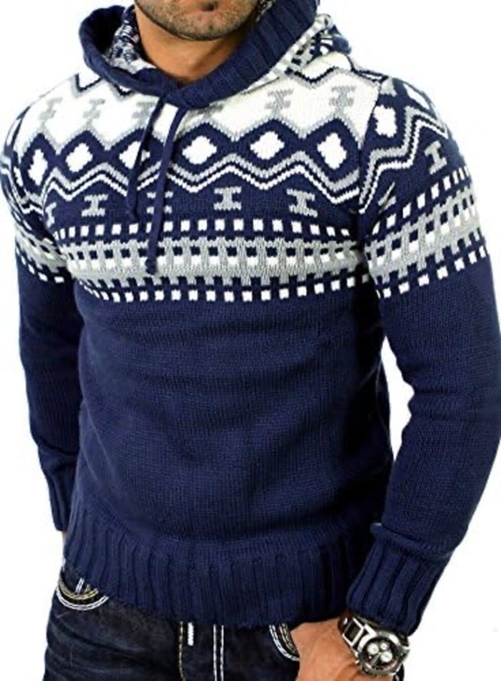 Reslad RS-3013 Norwegian Knit Hooded Sweater XL Blue Fair Isle Winter Nordic